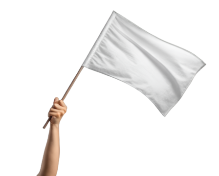 Surrender Flag: A hand proudly waving a blank white flag against a clean background, symbolizing a call for peace, negotiation, or admission of defeat.