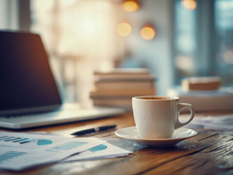 Warm cup of coffee on a wooden desk with business reports and laptop in a cozy office environment during golden hour sunlight