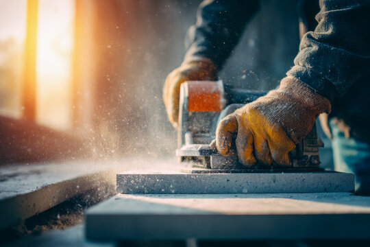 Skilled worker using an electric sander on a stone surface with protective gloves in a workshop illuminated by warm natural sunlight