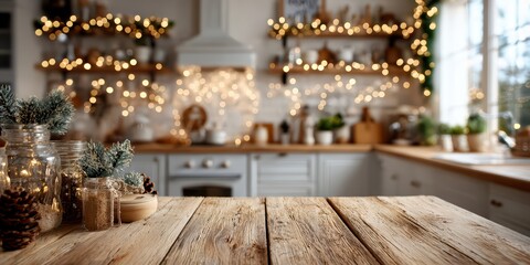 Wooden kitchen countertop in modern bright interior with blurred background