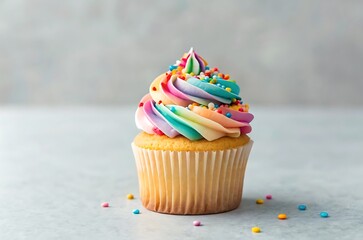 Delicious rainbow frosted cupcake with sprinkles on a light background