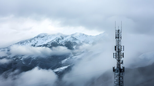 transmitter antenna tower in snow and clouds 