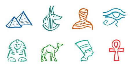 Egyptian Egyptology Icons Crayon Chalk Drawing Doodle PNG Transparent