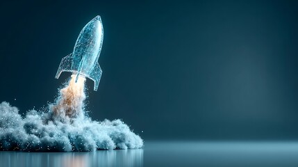 Futuristic Digital Rocket Launching in Dark Sky with Cloud of Smoke