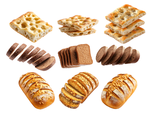 Various types of bread including focaccia, sliced rye, whole loaves with seeds, on white background, concept of bakery variety