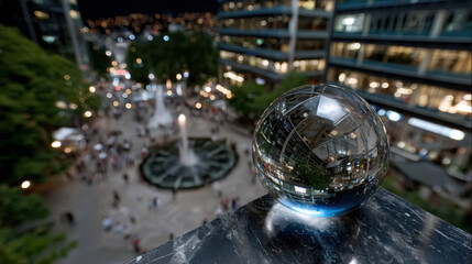 Fototapeta premium A captivating crystal sphere rests on the edge, celebrating New Year, reflecting a vibrant urban scene below, showcasing the contrasting elements of nature and modern architecture uniquely.