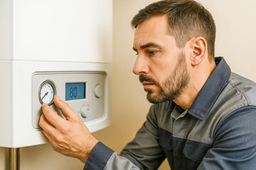 Horizontal photo of a professional technician checking and adjusting the pressure gauge on a modern home boiler system. The close-up captures technical precision, heating efficiency, maintenance