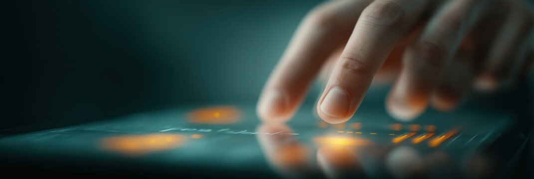 Hands interacting with tablet displaying layered analytics dashboards and KPIs, cloud syncing and revenue metrics