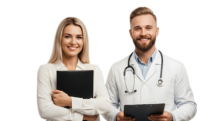 Smiling doctor and nurse in white coats isolated on transparent background, representing healthcare professionals