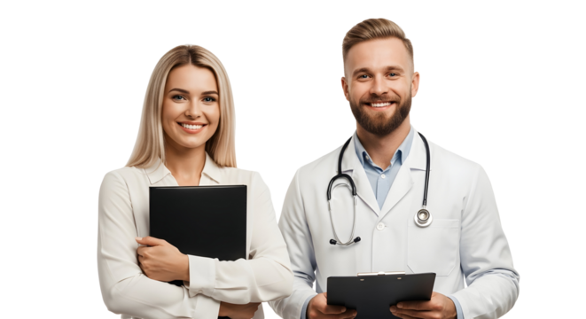 Smiling doctor and nurse in white coats isolated on transparent background, representing healthcare professionals - Powered by Adobe