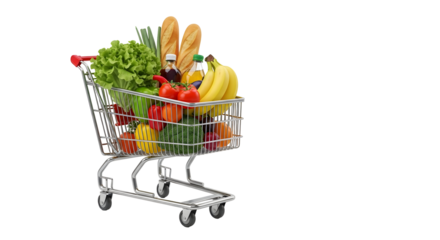 Shopping cart filled with fresh produce isolated on transparent background, showcasing healthy eating and lifestyle choices