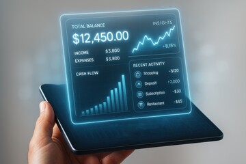 User analyzing financial dashboard on a tablet, visualizing income, expenses, and cash flow trends. Concept of personal finance management and digital banking innovation.