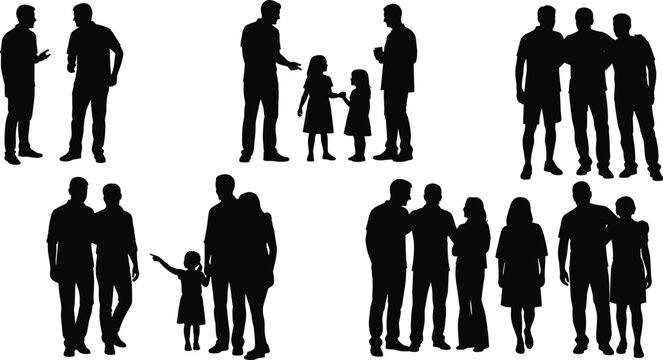 Social interaction icon vector&mdash;six silhouette scenes of family, friendship, and communication for community and relationship design visuals