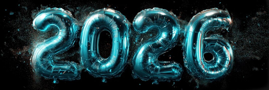 Giant balloon digits 2026 with confetti bursts frozen mid-air, party energy