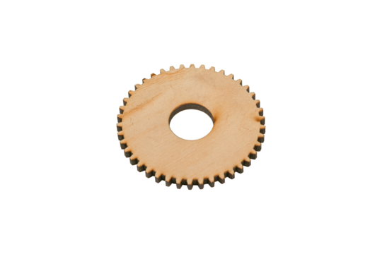 Wooden gear wheel in perspective view is isolated.