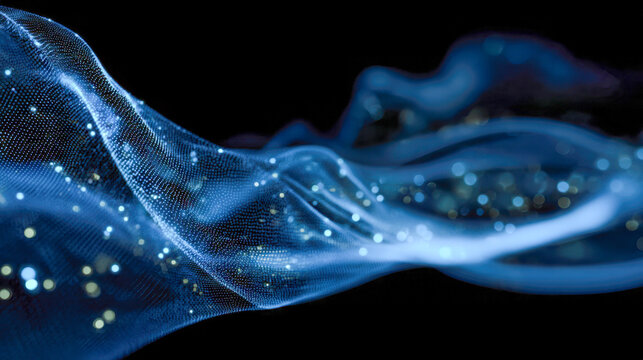 Abstract flowing digital wave made of blue particles and light streaks resembling futuristic technology and data visualization against a dark background