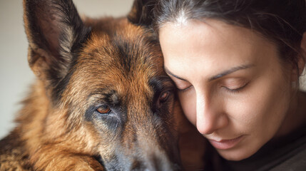 Woman with closed eyes resting her face gently against a calm and loyal German shepherd dog symbolizing deep friendship and trust between humans and pets