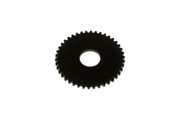 Black gear wheel made of hard plastic material is isolated.