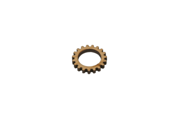 Small wooden gear wheel with dark edges is isolated.
