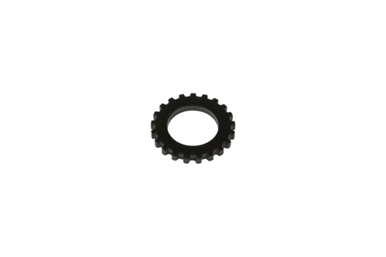 Small black gear wheel with fine teeth is isolated.
