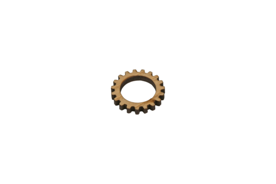 Small wooden gear wheel with dark edges is isolated.