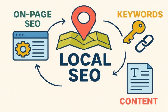 Infographic illustrating the components of Local SEO strategy, highlighting on-page optimization, keyword integration, and content creation. Concept of digital marketing and visibility enhancement.