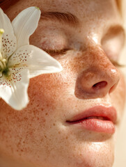 Naklejka premium Serene face of a young woman with natural freckles and closed eyes adorned with a white lily flower symbolizing peace and beauty in soft sunlight