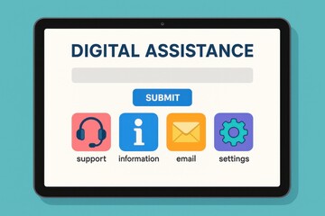 Digital assistance interface displayed on a tablet, featuring support, information, email, and settings icons. Concept of modern technology, user interaction, and online assistance.