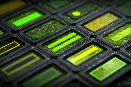 Futuristic Technology Interface with Green LED Panels and Water Droplets for Digital Design