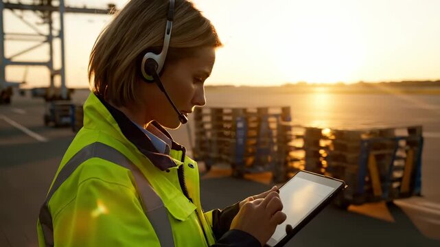 headset and microphone with tablet on vest. pallet and cargo stacked on tarmac at sunset. silhouette near stack. logistics equipment and documentation present. tablet logs timestamp and cargo id.