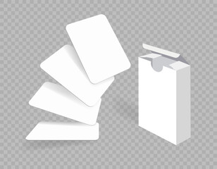 3d mockup of blank playing cards for poker and board games. Playing Cards Open Box Template. White, clear, blank isolated paper box mock-up on white background with perspective view. Packaging design
