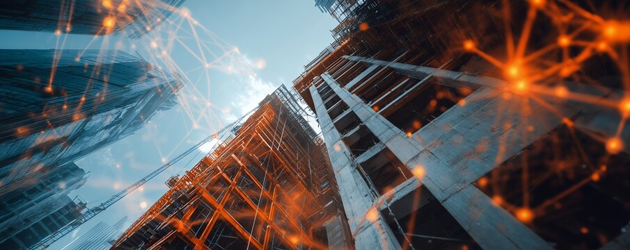 Low angle view of building under construction with a digital network overlay, concept for urban development, architecture visualization and engineering solutions