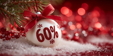 Festive Christmas ornament displaying a 60% discount on snowy surface with red bokeh background, concept for seasonal sales, holiday promotions and retail advertising