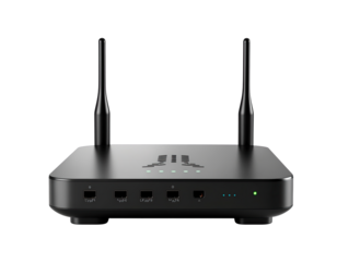 Modern black wireless router with antennas on a dark background illuminated by soft green indicator lights providing strong connectivity and internet access