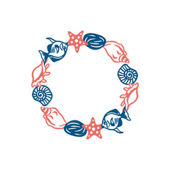 Nautical wreath of shells, starfish, fish and stones. Simple hand drawn line art illustration. Vector clip art for postcards, labels and tableware.