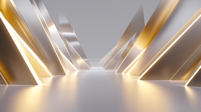 Abstract futuristic corridor with glowing golden light and reflections