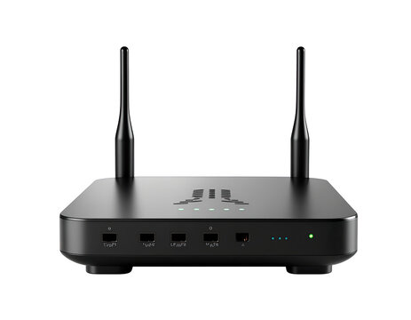 Modern black wireless router with antennas on a dark background illuminated by soft green indicator lights providing strong connectivity and internet access