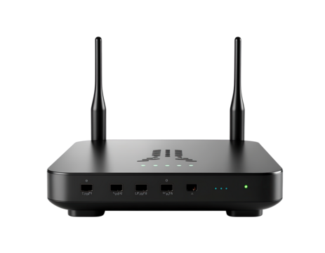 Modern black wireless router with antennas on a dark background illuminated by soft green indicator lights providing strong connectivity and internet access