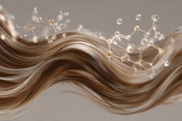 Shiny highlighted blonde hair with molecular structure overlayed in a soft light, concept for hair care product advertising, cosmetic industry promotion and beauty treatment visuals