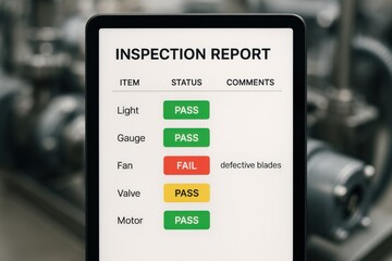 Digital inspection report displaying equipment status in an industrial setting, highlighting maintenance and safety checks. Concept of quality control and operational efficiency.