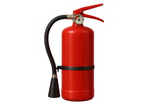 Red fire extinguisher providing fire safety, protection, and emergency preparedness equipment on a transparent background