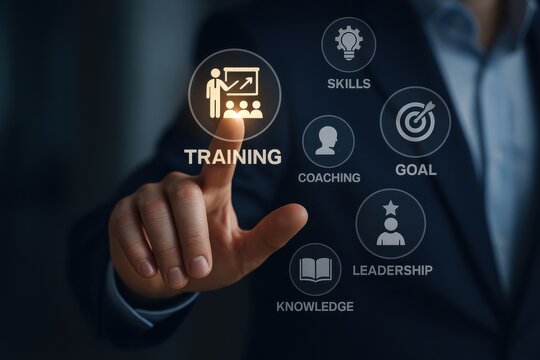 Business professional selecting training options on a digital interface, illustrating concepts of skill development, coaching, and leadership in modern workplace environments.