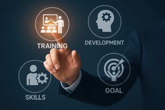 Business professional interacting with training development icons, emphasizing skill enhancement and goal achievement in professional growth. Concept of learning and personal development.