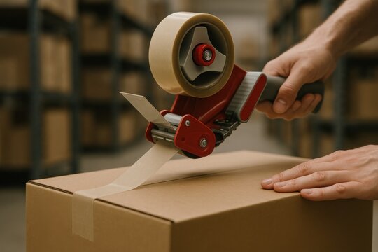 Warehouse worker sealing a package with tape using a dispenser, showcasing efficient packing practices. Concept of logistics, shipping, and operational efficiency in warehousing.