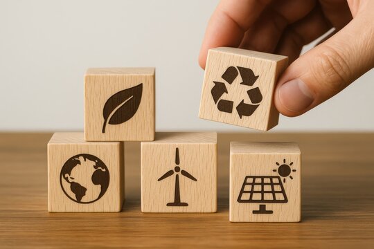Person stacking eco-friendly wooden blocks representing renewable energy and sustainability. Concept of environmental consciousness, green technology, and conservation efforts.