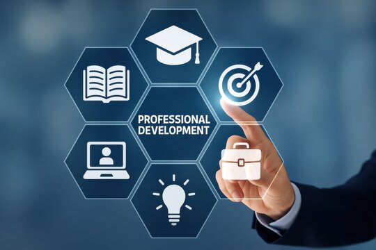 Business professional selecting icons representing educational growth, career advancement, and skills development in a digital interface. Concept of continuous learning and professional success.