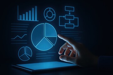 Person interacting with digital data visualization on tablet, representing business analytics and insights. Concept of technology, data-driven decision making, and information analysis.