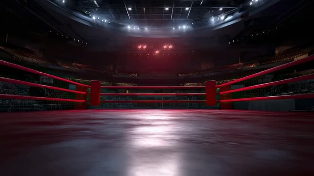 An empty red boxing ring sits in the center of a large dark spotlit arena with empty spectator seats