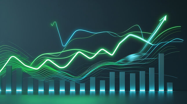 Abstract glowing green lines and bars representing financial growth and data