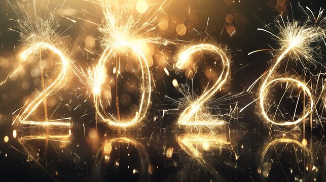 The numbers '2026' are displayed against a deep black background, accompanied by bright fireworks and pyrotechnic effects to celebrate the New Year, festivals, and festive occasions.